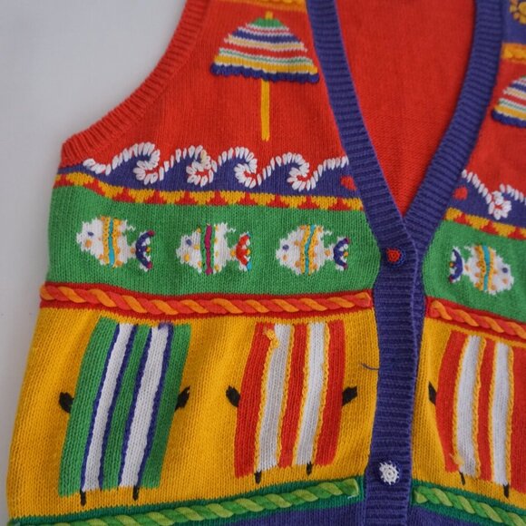 Vintage Star Blue Red Knit Beach Fish Sea Ocean Button Cardigan Sweater Vest L - Picture 8 of 12